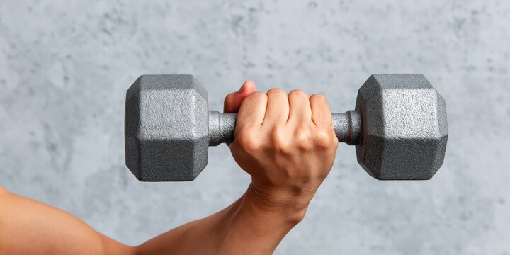 Close up of a person's hand holding a hexagonal dumbbell for weightlifting
