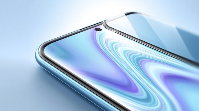 Close up of a modern smartphone screen protector with a blue and purple abstract design