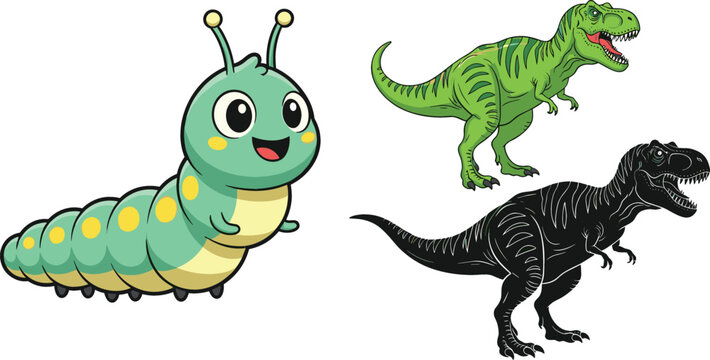 Cute caterpillar and dinosaur illustrations including T rex and silhouette, cartoon insect and prehistoric animal vector collection design