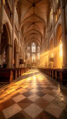 Obraz premium Interior perspective of a cathedral with light beams streaming through stained glass onto the checkered floor