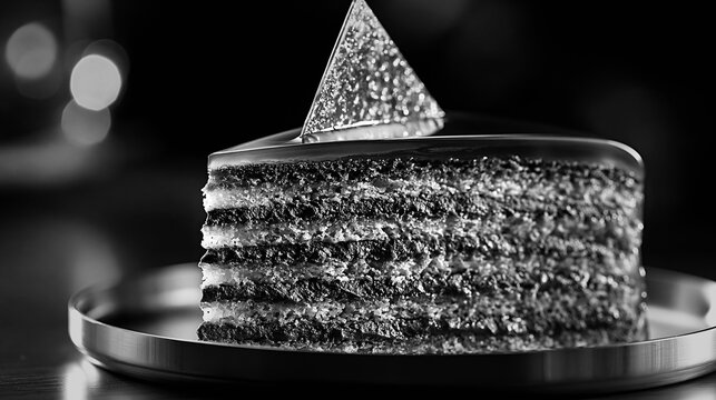 Slice of layered Dobos torte cake with caramel shard topping