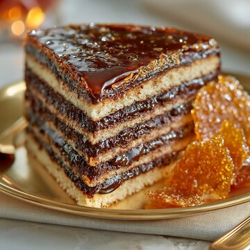 Slice of traditional Hungarian dobos torte cake on a golden plate