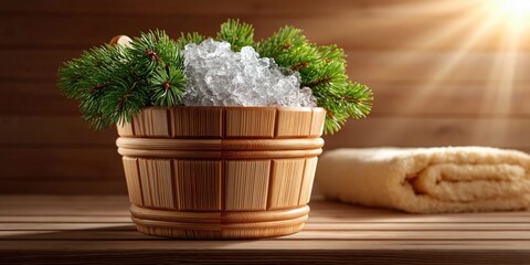 Naklejka premium Wooden bucket filled with ice and pine branches in a sunlit sauna