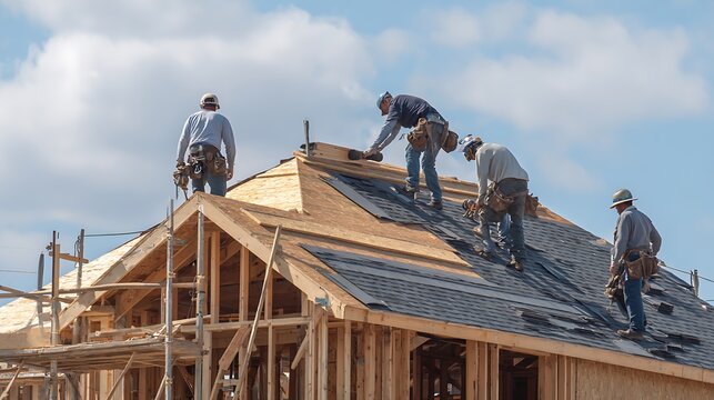 Roofers applying shingles on the roof of house 