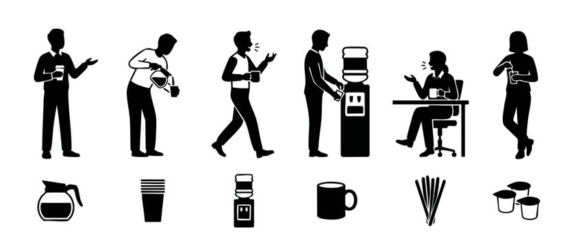 Office Coffee Break Silhouette Icons Set - People Drinking Coffee at Work, Water Cooler, Pouring Coffee, Coworkers Talking, Business Team Socializing, Employee Morning Routine, Flat Vector Illustratio