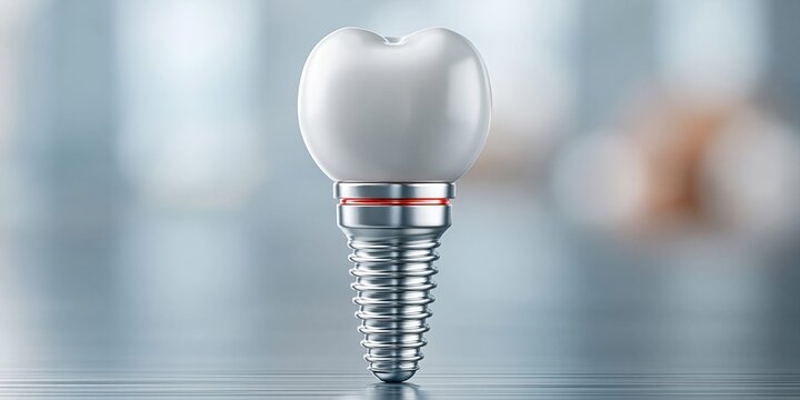 Realistic 3D render of a single dental implant with a white crown and metallic screw base