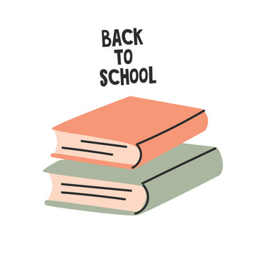 Illustration of two stacked books in orange and green colors with the text "Back to School" above them on a white background