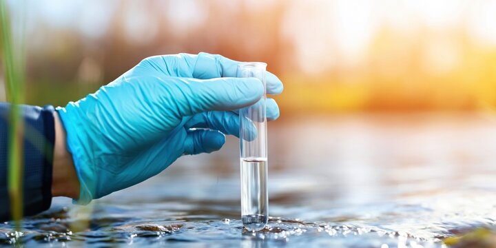Scientist collecting water sample in a test tube from a river for analysis