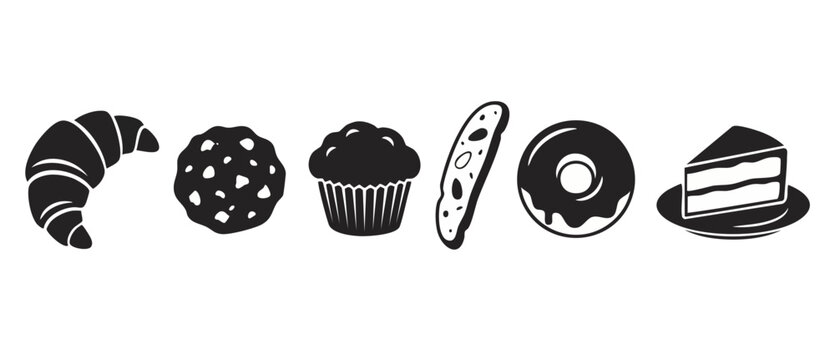 Bakery icons set, croissant cookie muffin biscotti donut and cake slice black silhouette vector collection for cafe menu design, pastry food flat graphic illustration isolated on white background.