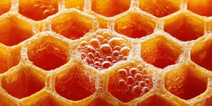 Macro view of golden honeycomb cells filled with sweet liquid and tiny bubbles