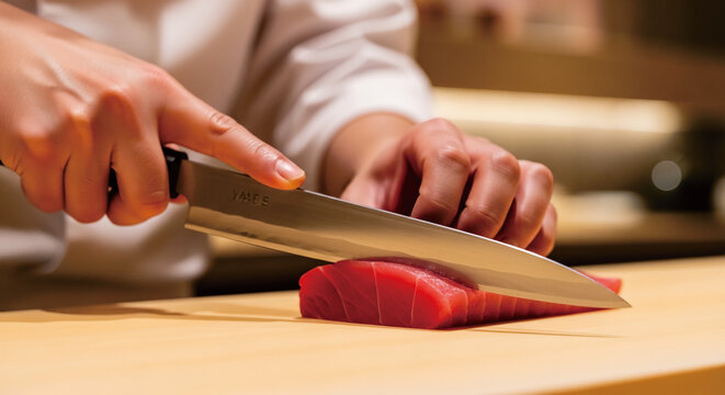 Professional chef slicing fresh raw tuna for sashimi