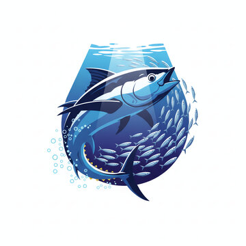 Bluefin tuna swimming among school of baitfish in ocean