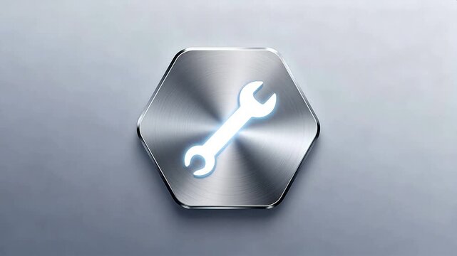 Metallic hexagon with glowing wrench icon