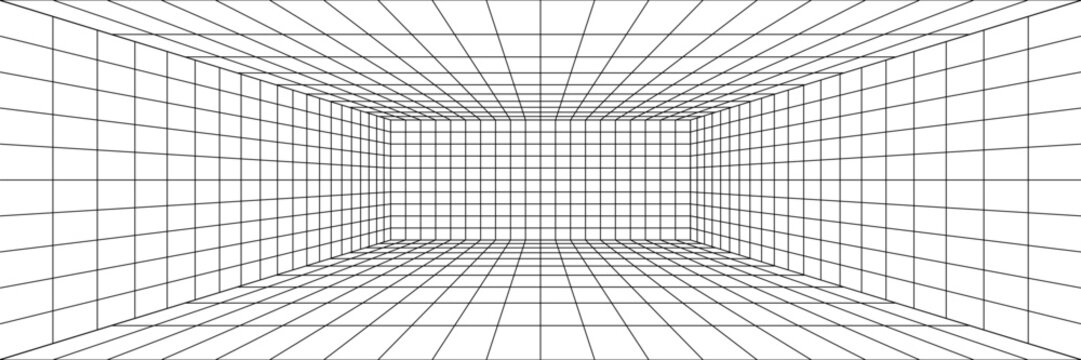 Perspective grid background 3d Vector illustration. Interior design Model projection background template. Line one point perspective