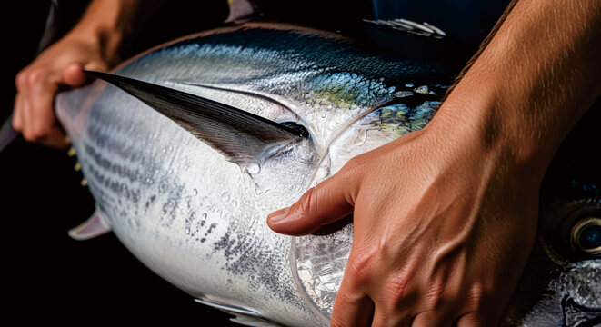 Close up of hands holding a large fresh tuna fish