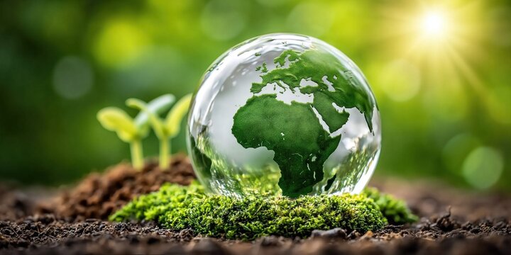 Glass globe with green continents rests on mossy ground near sprouting seedlings