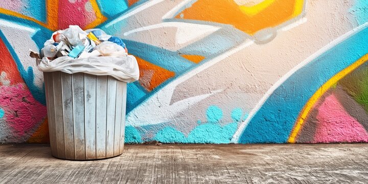 Overflowing trash can against a vibrant graffiti wall in an urban setting