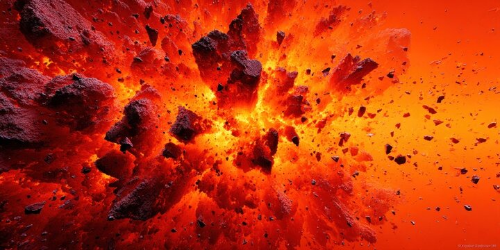Fiery explosion of molten rock and glowing embers against a bright orange background