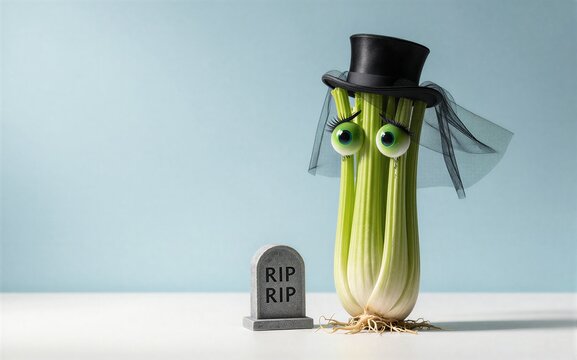 Celery dressed as a mourner stands beside 'RIP' tombstone.