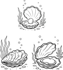 Oysters with pearls underwater collection set featuring realistic sketch drawings of mollusks with seaweed and bubbles. © Vector Vault