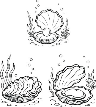 Oysters with pearls underwater collection set featuring realistic sketch drawings of mollusks with seaweed and bubbles.