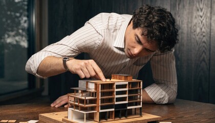 Fototapeta premium Architect analyzing building design at desk with physical model modern office interior overhead perspective creative concept development
