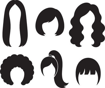 Wig Hairpiece Silhouettes Set Long Straight Bob Curly Afro Ponytail Bangs Vector Bundle