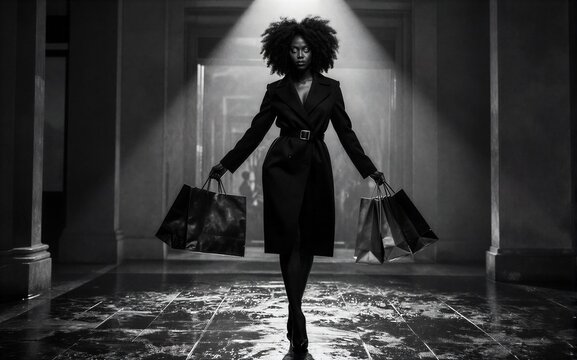 A woman in a coat strides confidently through a dimly lit reflective