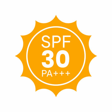 Yellow sun icon with SPF 30 and PA plus plus plus on white background