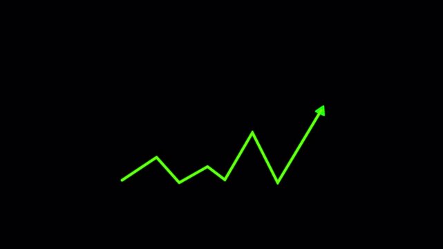 Green upward zigzag arrow graph showing financial growth trend on dark background, business analytics concept, stock market increase, profit growth visualization, modern minimal 4k video