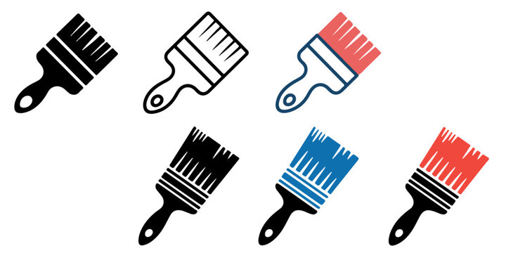Paint brush icon set in outline silhouette and colorful styles painting tool artistic equipment symbol