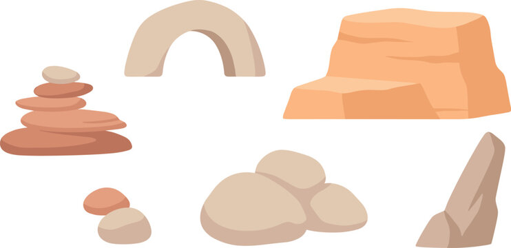 Large collection of canyon mountains and desert rock formations, vector landscape elements of red cliffs and mesas on transparent background