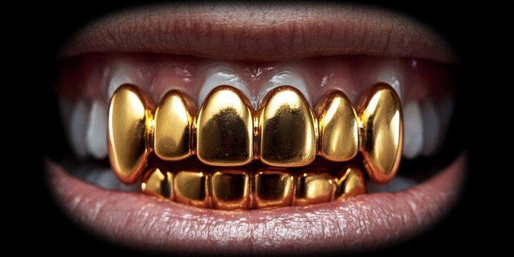 Close-up of a person's mouth with shiny gold grillz covering their teeth