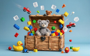 Naklejka premium Wooden chest overflowing with toys colorful blocks flying around.