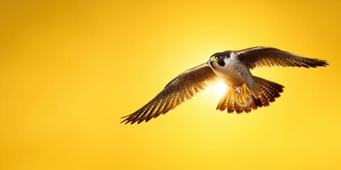 Fototapeta premium Majestic peregrine falcon in flight holding a perfume bottle against a bright yellow background