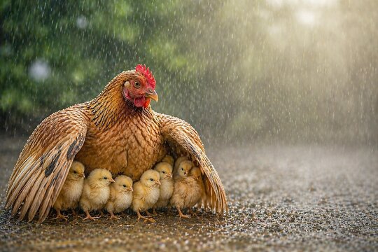 A mother hen shelters her chicks under her wings from the rain, a concept of safety and family care; a metaphor for resilience and protection for advertising about insurance and safety for parents.