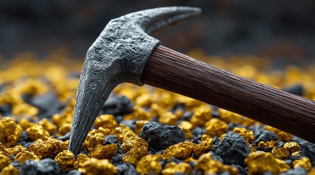 Close-up of a pickaxe resting on a pile of gold nuggets and dark rocks