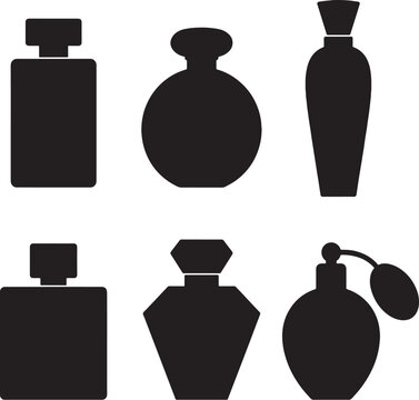 Perfume bottle silhouettes set classic round square luxury vintage atomizer vector bundle