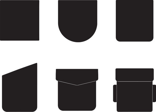 Pocket shapes silhouettes set black vector square rounded flap cargo slanted patch pocket bundle