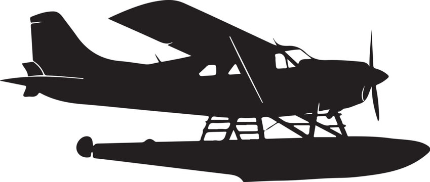 Seaplane, airplane, floatplane, vector silhouette, black aircraft, propeller plane