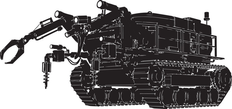 Heavy duty excavator, industrial construction equipment, black vector illustration, heavy machinery, digger