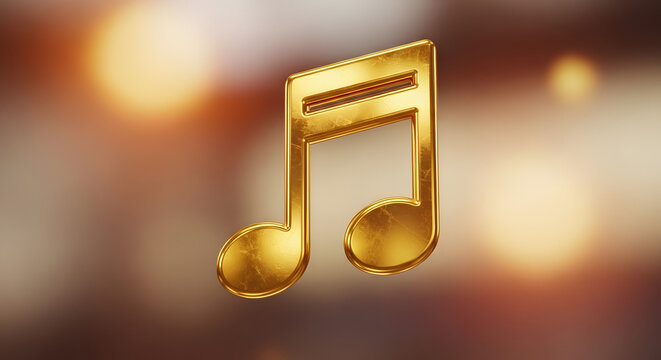 Golden music note on blurred background with bokeh lights. Generative AI