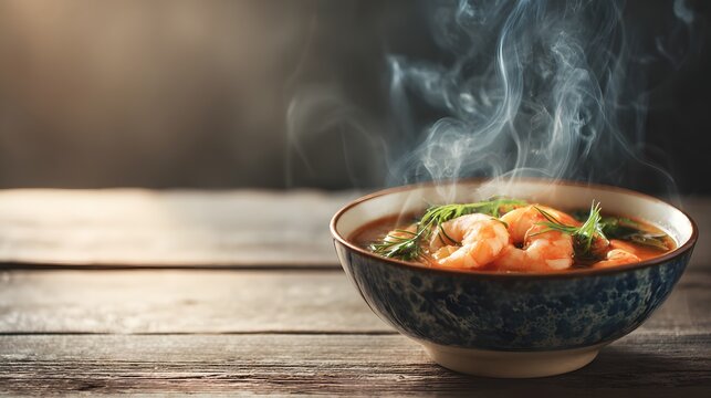 Bowl of tom yum soup with shrimp and steam on wooden table.