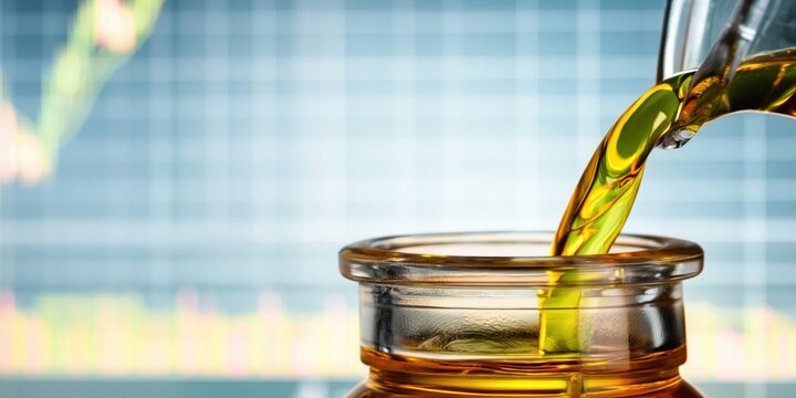 Golden oil pouring into a glass container with financial charts in the background