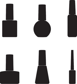Nail polish bottle silhouettes set black vector square round tall tapered cosmetic packaging bundle