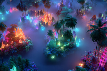 Fototapeta premium Futuristic garden with vibrant bioluminescent plants illuminating the nighttime landscape