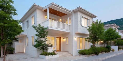 Fototapeta premium Modern White Two Story Luxury Villa With Balcony and Lush Greenery at Dusk