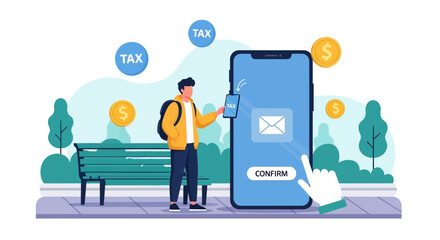Fototapeta premium Man Pays Taxes Online via Mobile App, Financial Technology Concept