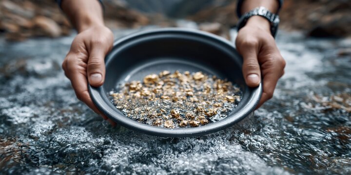 Man pans for gold in a clear mountain river, finding precious nuggets