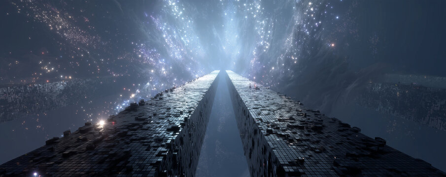 Floating digital bridge made of light tiles connects two cliffs under a starry sky at twilight